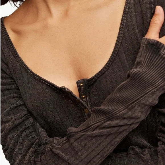 Free People We The Free Hope POINTELLE Henley Charcoal Black Top NWT M L XL - Picture 4 of 15